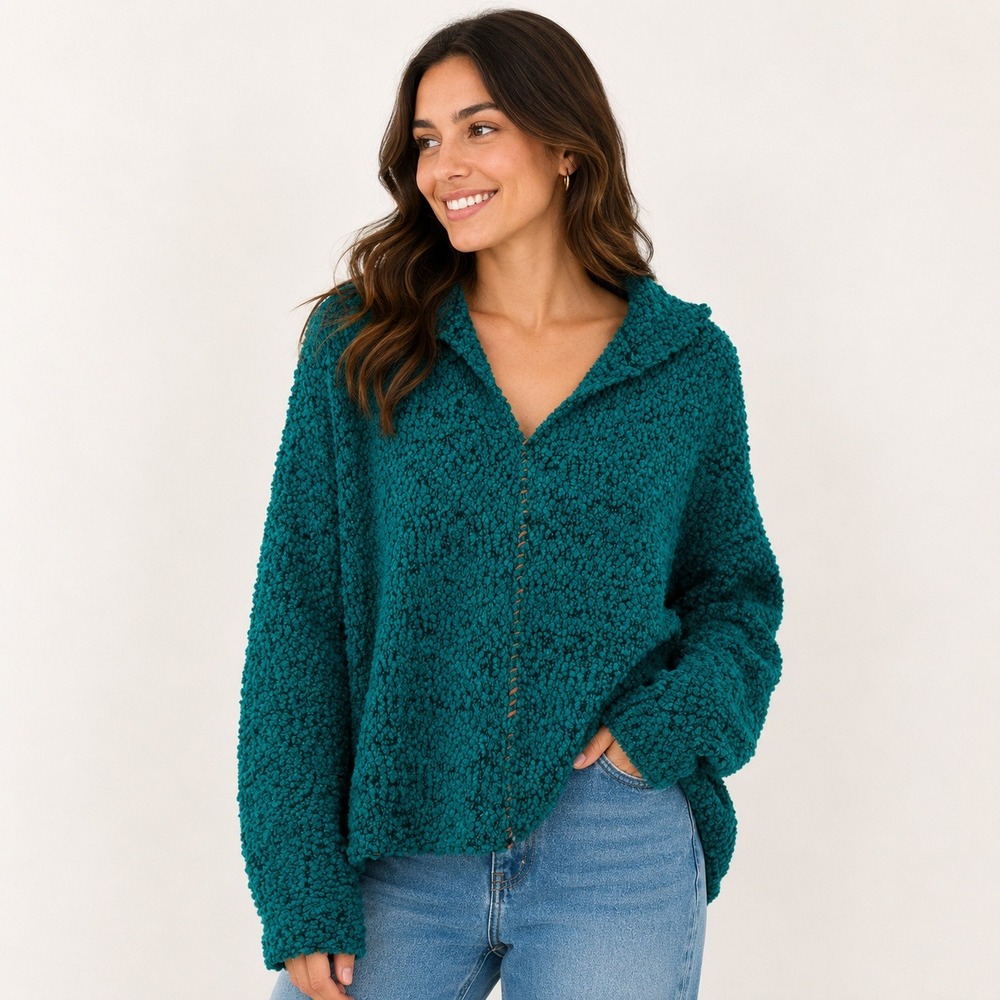 Wonderly Teal Green Popcorn Knit Hoodie Sweater Womens XL Marled Pullover V-Neck
